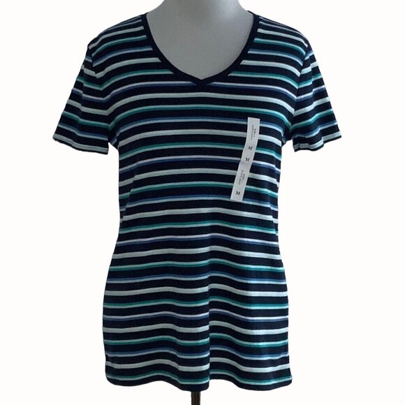croft & barrow Tops - Croft & Barrow classic vneck short sleeve blue striped pullover tee NEW Medium